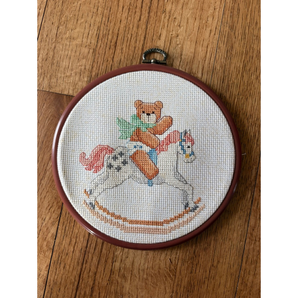 Cute Teddy Bear Rocking Horse Cross Stitch Hoop Art Nursery